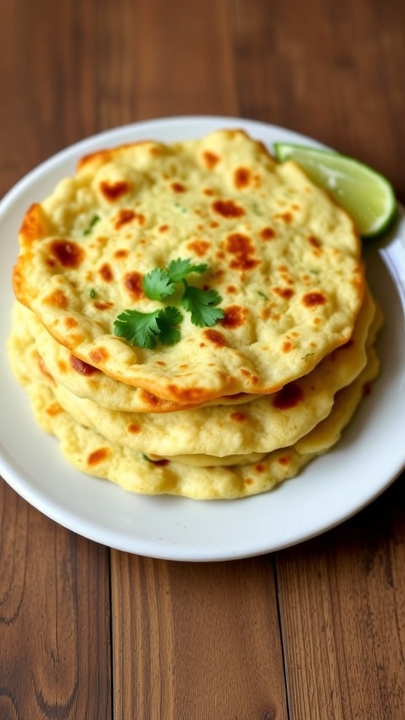 A stack of golden brown cauliflower tortillas on a rustic wooden table, garnished with cilantro and lime.